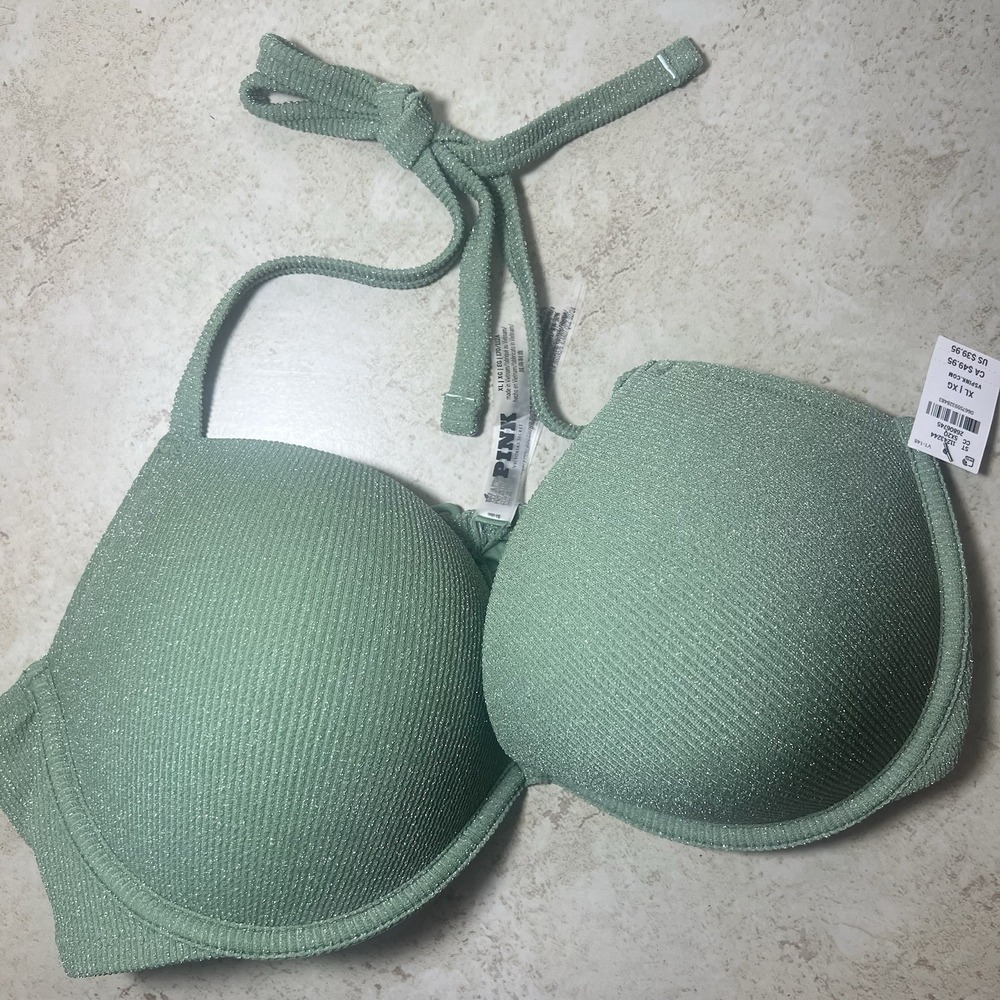 NEW Victoria Secret PINK Swim Size XL Super Push-Up Bikini Top NWT Sparkle Green